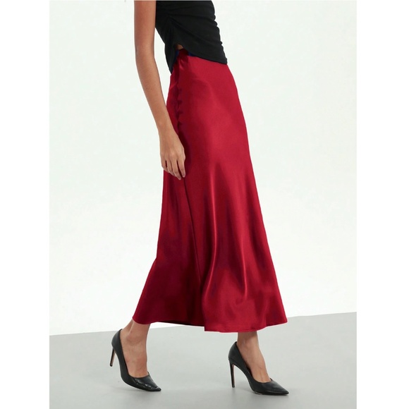 Burgundy Satin A-Line Skirt High Waisted Long - Picture 4 of 9